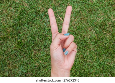 Woman Hand Holding Up The Peace Sign Or Number Two With Two Fingers On Green Grass Background Texture