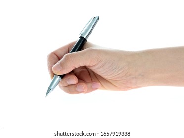 Woman Hand Holding Pen On White Background.