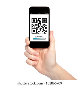 Woman Hand Holding A Phone With Qr Code On The Screen With A Blue Stripe Scanning