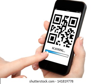 woman hand holding a phone with qr code on the screen with a blue stripe scanning - Powered by Shutterstock - Get 15% off with code: PIKWIZARD15