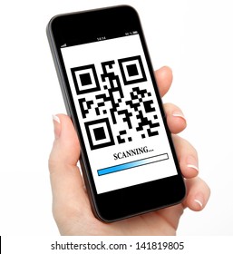 Woman Hand Holding A Phone With Qr Code On The Screen With A Blue Stripe Scanning