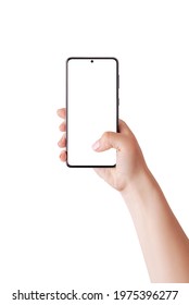 Woman Hand Holding Phone And Touch Display With Thumb. Isolated Screen And Background For Mockup 