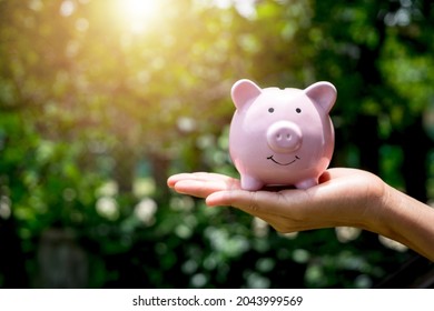 Woman hand holding piggy bank with sunrise, saving, charity,  fundrasing community care, superannuation, financial crisis concept