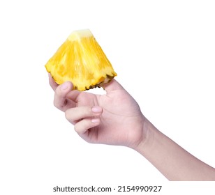 Woman Hand Holding Pineapple Fruit Isolated On White Background.