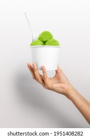 Woman Hand Holding Plain White Ice Cream Cup With Spoon And Ice Cream Scoops