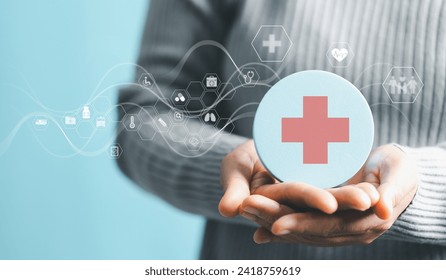 Woman hand holding plus icon for technology healthcare medical icon. access to welfare health and copy space, medical health care with medical network connection, Health insurance health concept. - Powered by Shutterstock