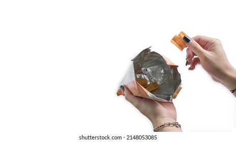 Woman Hand Holding Potato Chips With Snack Bag Isolated On White Background.