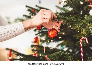 Woman hand holding a red ornament putting it on the Christmas tree - Powered by Shutterstock