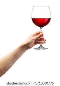 Woman Hand Holding Red Wine Glass Isolated On White Background