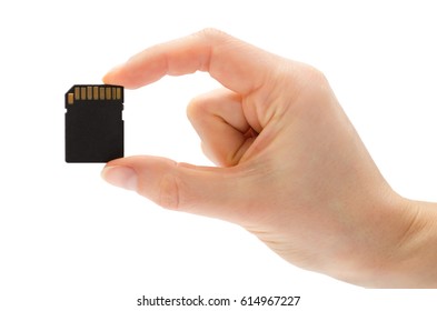 Woman Hand Holding Sd Flash Card. Isolated On White Background