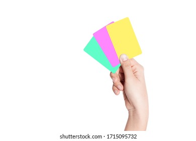 Woman Hand Holding And Showing Blank 3 Credit Card , Mockup Front Side View, Isolated On White Background. Shopping Concept. Copy Space