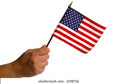 Woman Hand Holding A Small Patriotic American US Flag Isolated On White