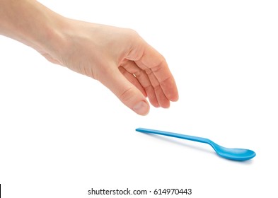 Woman Hand Holding Small Spoon For Kids. Isolated On White Background