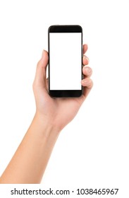 Woman Hand Holding Smart Phone On White Background.