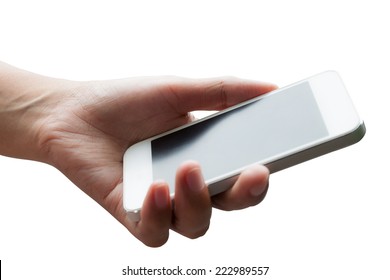 Woman Hand Holding Smart Phone Isolated On White Background