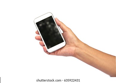 Woman Hand Holding Smart Phone Isolated On White Background