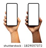 Woman hand holding the smartphone with blank screen and modern frameless design (black and white skinned version) - isolated on white background