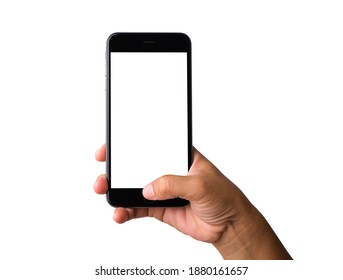 Woman Hand Holding A Smartphone Blank White Screen. Female Holds The Modern Mobile Phone On Hands Studio Shot Isolated On Over White Background With Clipping Mask Path On The Phone And Screen