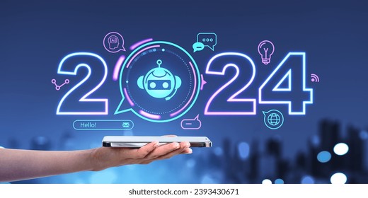 Woman hand holding smartphone, glowing robot icon with 2024 year and different social media icons. Concept of artificial intelligence, AI communication and new year - Powered by Shutterstock