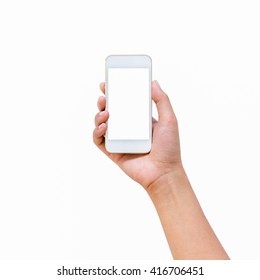 Woman  Hand Holding Smartphone Isolated On White Background, Clipping Path