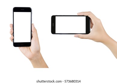 Woman Hand Holding Smartphone Isolated On White Background.  White Screen