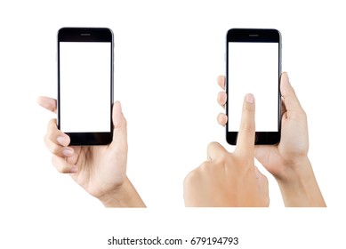  Woman hand holding smartphone isolated on white background.  white screen - Shutterstock ID 679194793