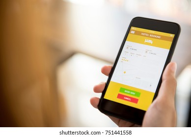 Woman Hand Holding Smartphone And Looking At The Screen Checking Information Before Making A Confirmation Via Online Hotel Booking Application