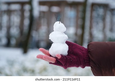 Woman hand holding snowball in her hands. Woman building snowman with her hands