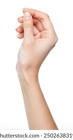 Woman hand holding something isolated in white background