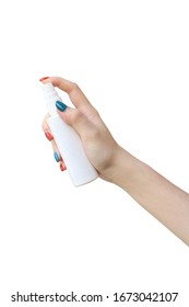 Woman Hand Holding Spray Bottle Isolated On White Background.