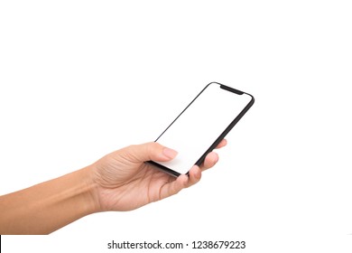 Woman Hand Holding And Touching Blank Mobile Phone Screen With Her Thumb, Isolated On White Background