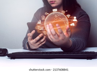 Woman Hand Holding Virtual Global Internet Connection. Technology And Digital Marketing. Financial And Banking. Big Data.