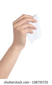 Woman Hand Holding A Washcloth Isolated On A White Background