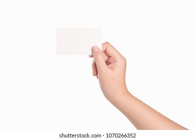 Woman Hand Holding White Blank Credit Card Isolate On White...