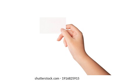 Woman Hand Holding White Card Isolated On White Background.