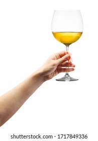 Woman Hand Holding White Wine Glass Isolated On White Background