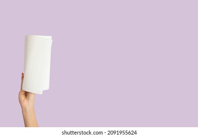 Woman Hand Holds Paper Towel. Space For Text