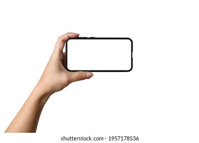 Woman Hand holds smartphone with white screen. Isolated - Shutterstock ID 1957178536