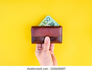 Woman Hand Holds Wallet With Australian Dollar Paper Money