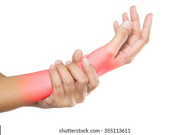 Woman with hand injury on white background