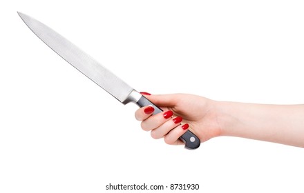 Woman Hand With Knife. Isolated On White.