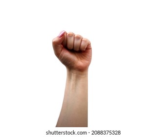 Woman hand with long manicured nails raised up with fingers clenched in palm in plain background. Female clenched fist as symbol of woman power. Concept of strength of girl and her struggle for rights - Shutterstock ID 2088375328