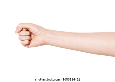 Woman hand make a fist isolated on white.