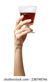 Woman Hand On Isolated White Background. Alpha. Hand With Glass.