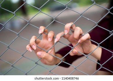 Woman Hand On Wire Mesh,Sexual Liberation Concept.