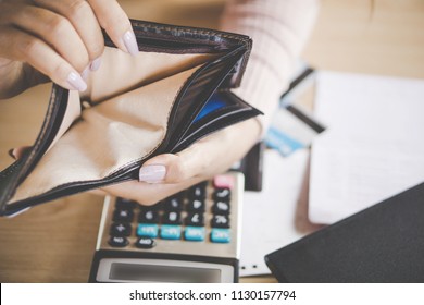 Woman Hand Open Empty Purse Looking For Money,bankruptcy Broke Concept 