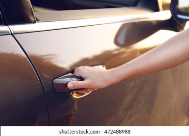 Woman Hand Opening Car Door, Close Up