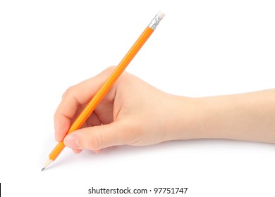 Woman Hand With Pencil On A White Background