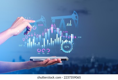 Woman hand with phone and finger touching oil derricks hologram. Forex dynamics and digital business data. Concept of mining and oil trading