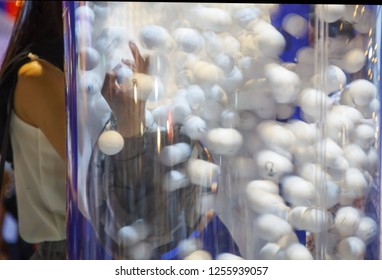 Woman Hand Pick White Ping Pong Balls Lucky Draw In Air Lottery Machine (lottery Ball Drawing Or Bingo Ball Blower Machine) In Charity Event. Gambling, Lottery Games To Raise Money For Charity Purpose